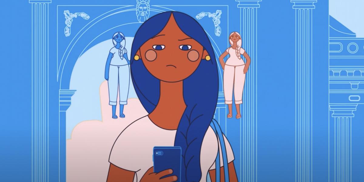 María, a young brunette with blue hair, along with the personifications of her emotion and her reason.